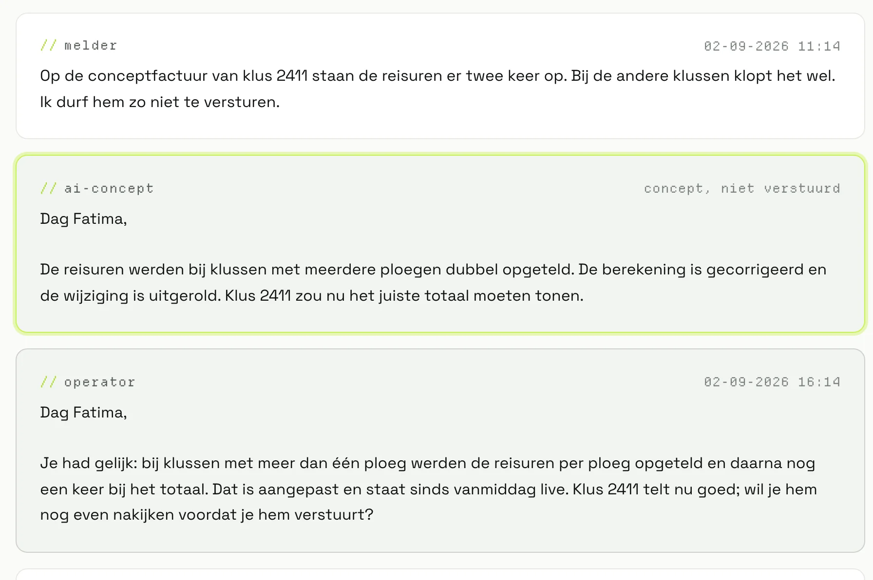 A report in the Support Hub with the triage draft and the sent answer